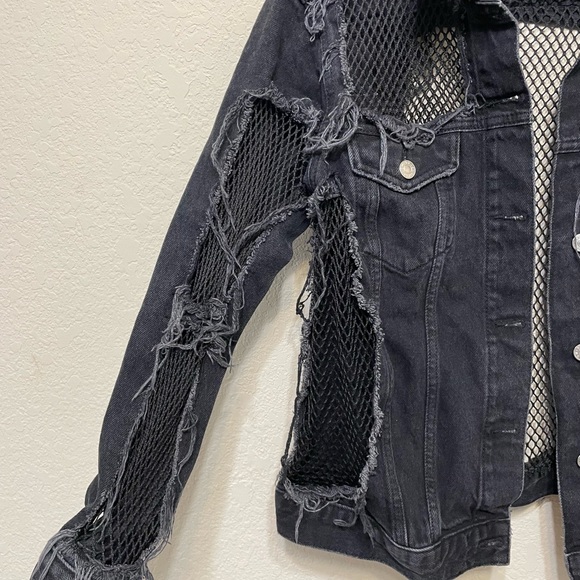 TopShop Black Fishnet Denim Jacket Size 4 - Picture 6 of 8